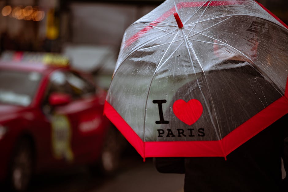 A rainy day in Dublin featuring an 'I Love Paris' umbrella and a red taxi.